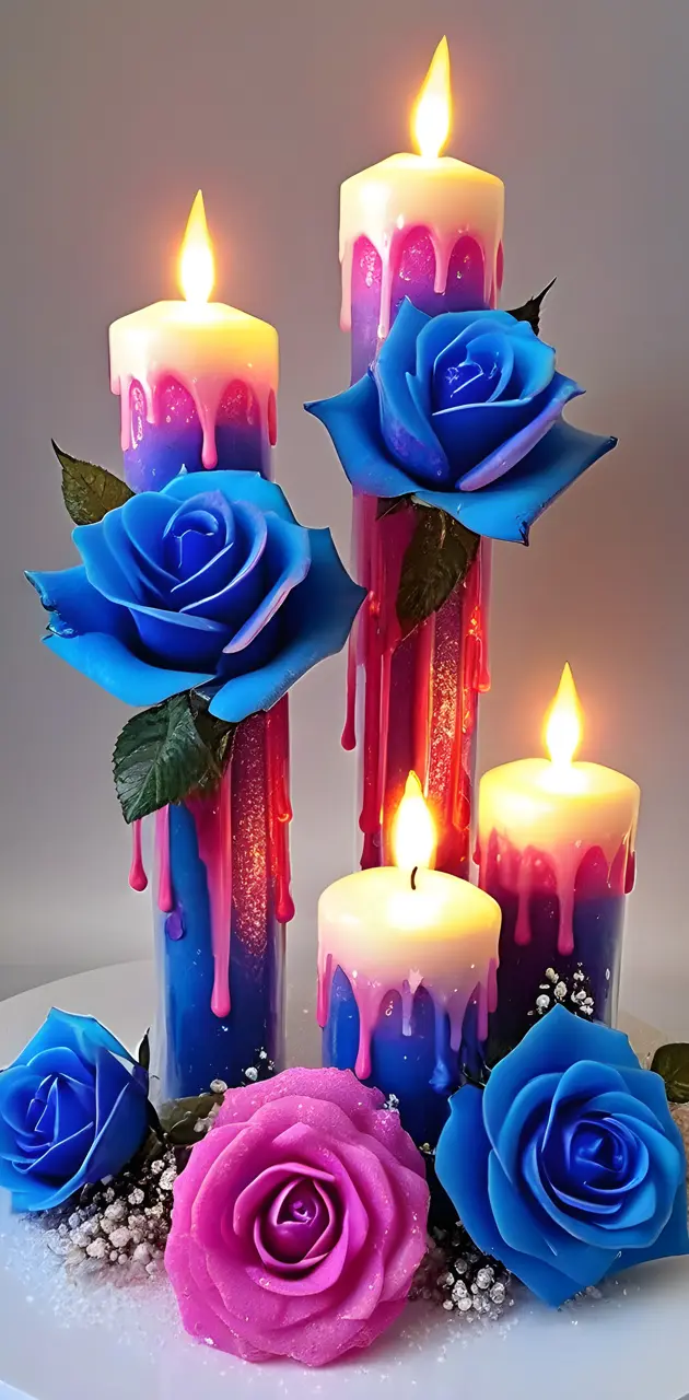 a group of candles, roses, blue, drip candles