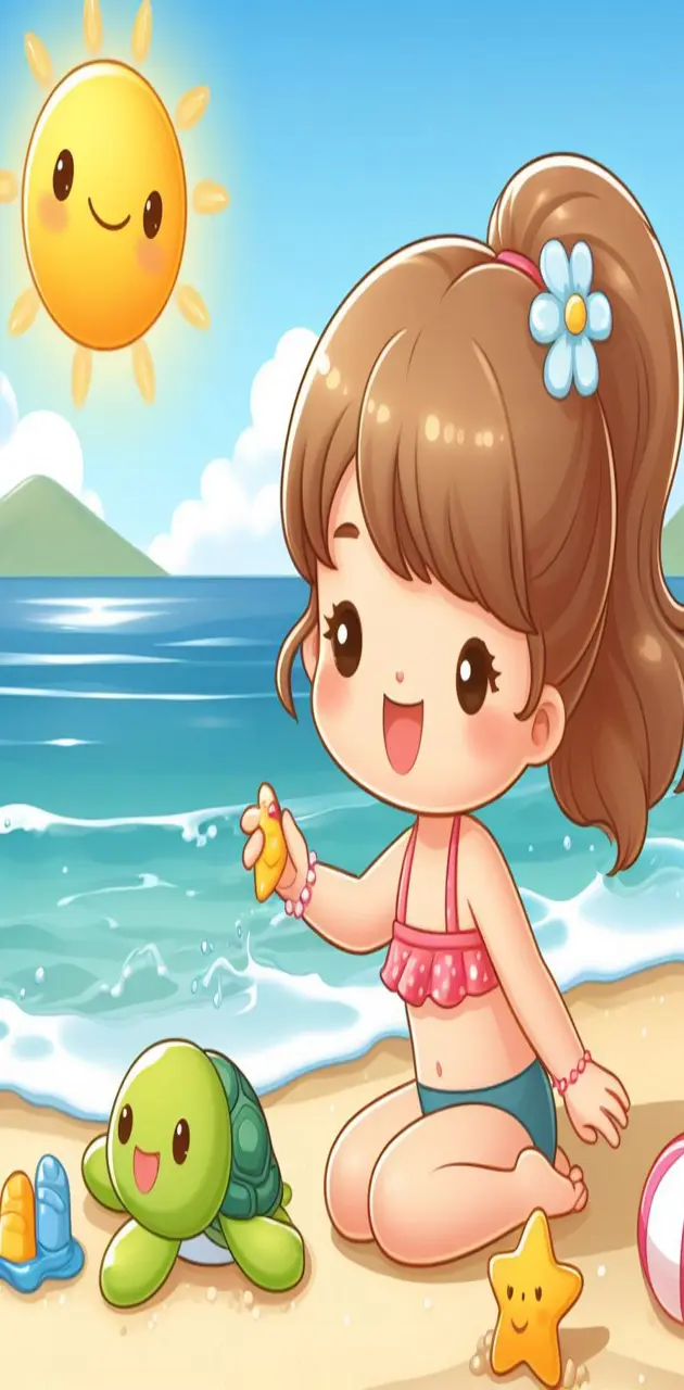 A cartoon girl playing on the beach under the sun