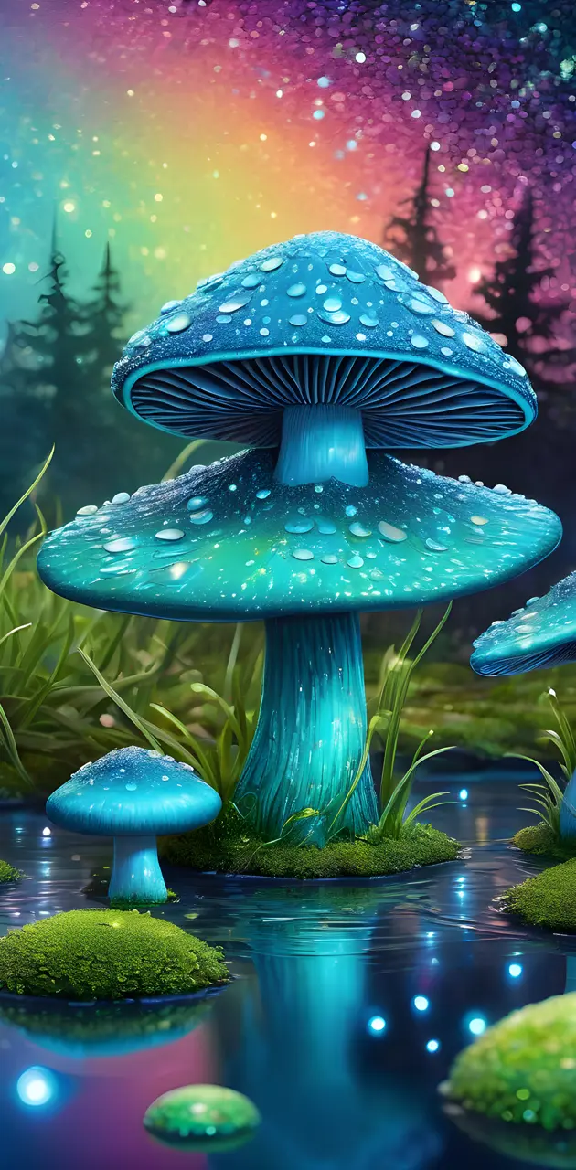 a group of blue mushrooms in a pond with a rainbow in the background