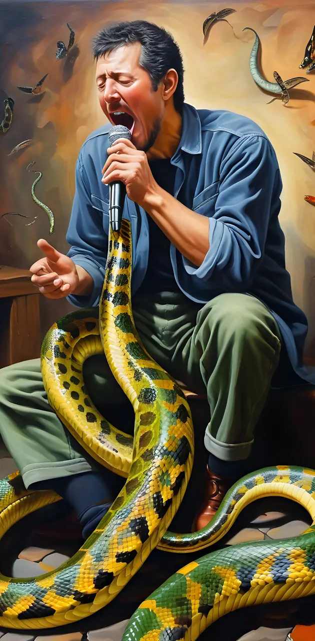 a guy singing in to a snake