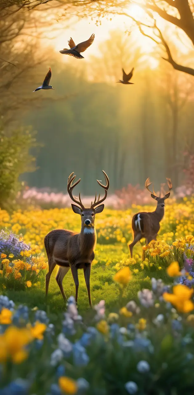 a group of deer in a field of flowers with birds flying in the sky
