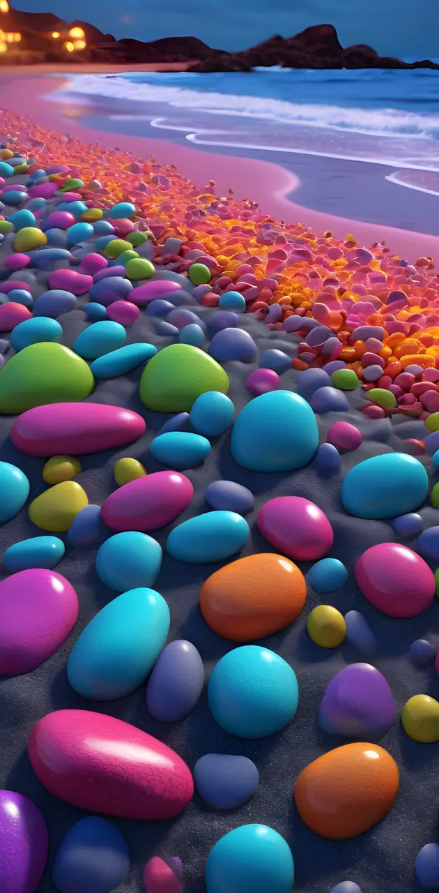 a group of colorful balls on a beach