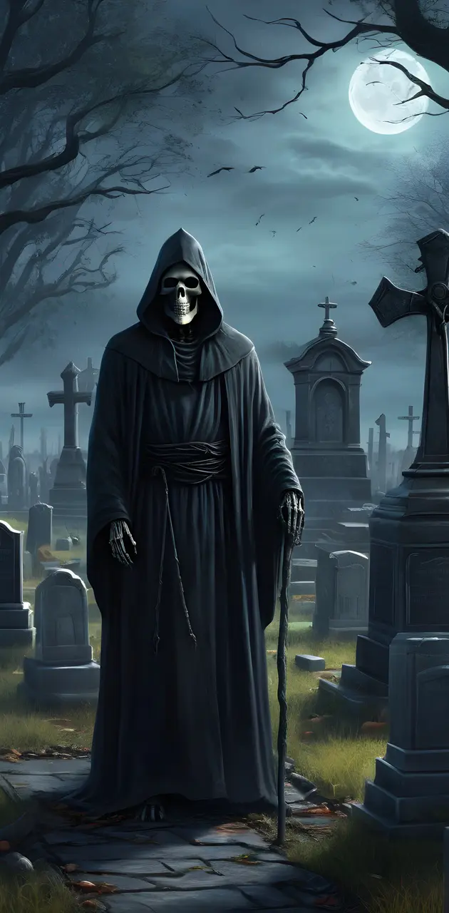 The Grim Reaper standing in a Cemetery