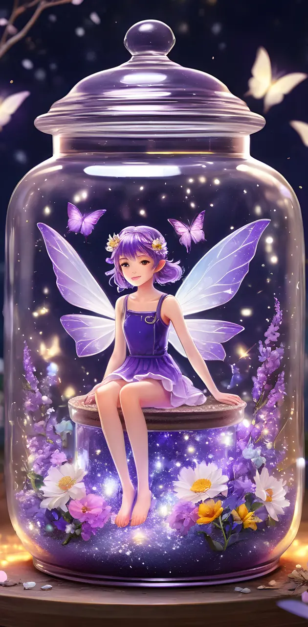 beautiful purple fairy and a glass jar with summer flowers