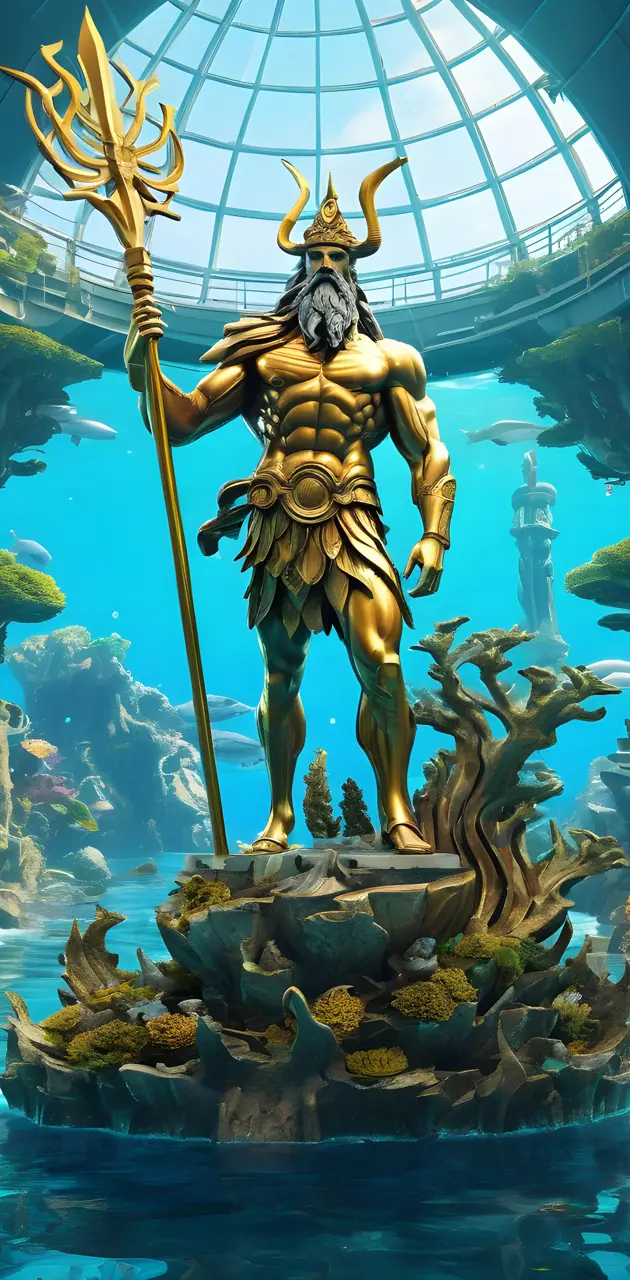 Poseidon Statue on Poseidon Sea Kelp Farm Solarpunk Lunarpunk