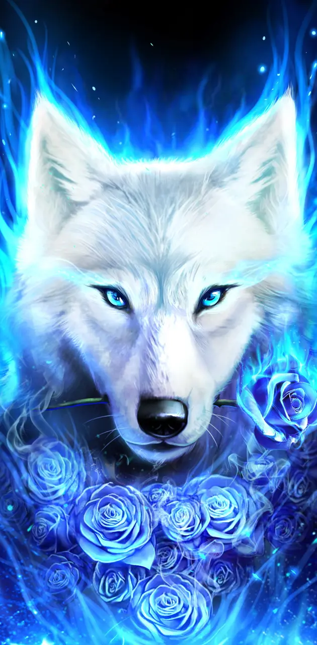 White wolf with rose