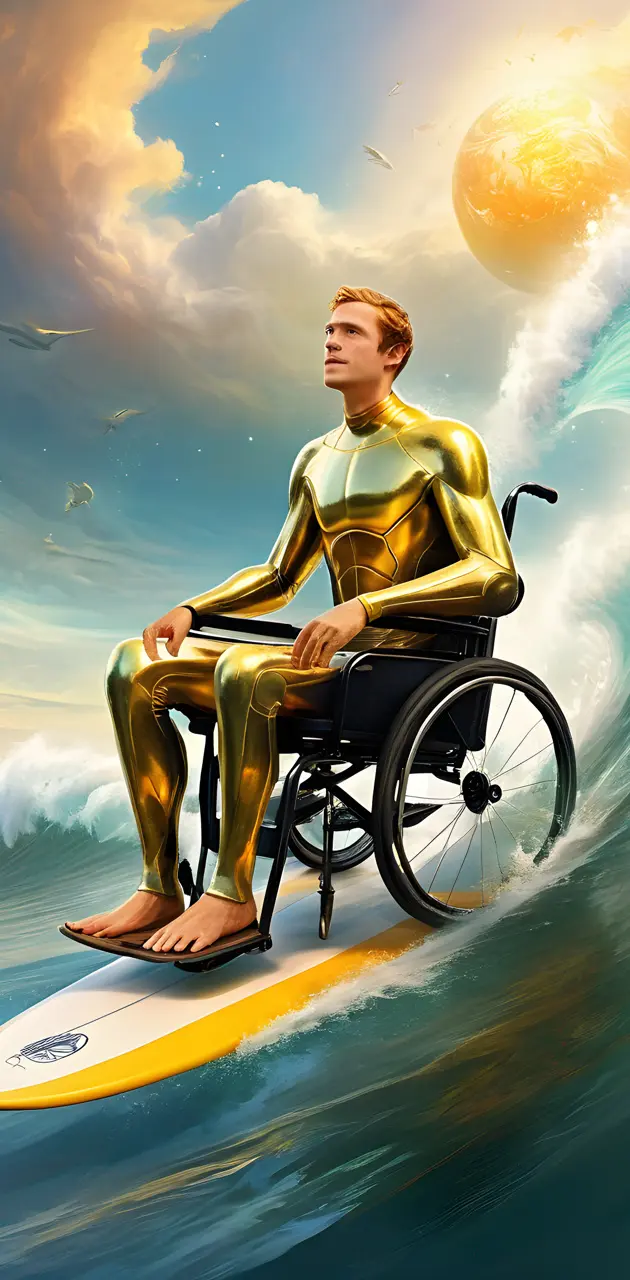 golden guy surfing in a wheelchair