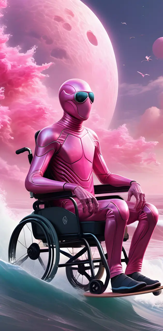 pink guy surfing in a wheelchair