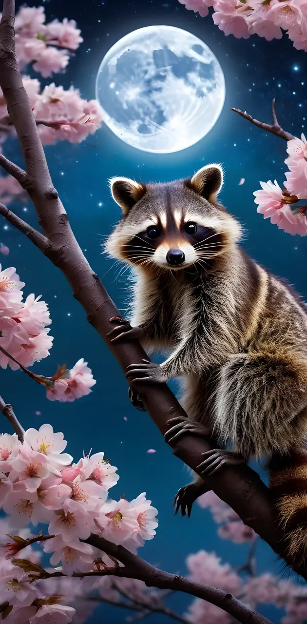 racoon in cherry blossom forest