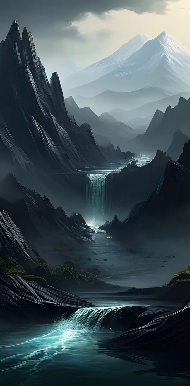 a waterfall in a valley between mountains