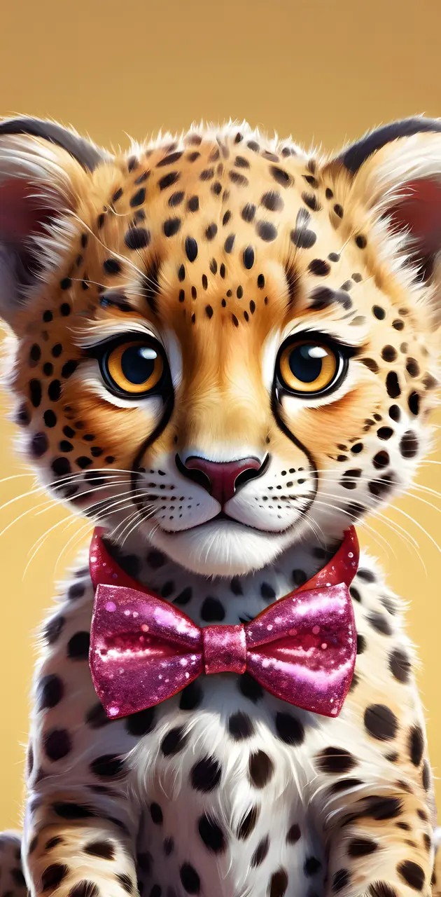 a leopard with a pink bow tie
