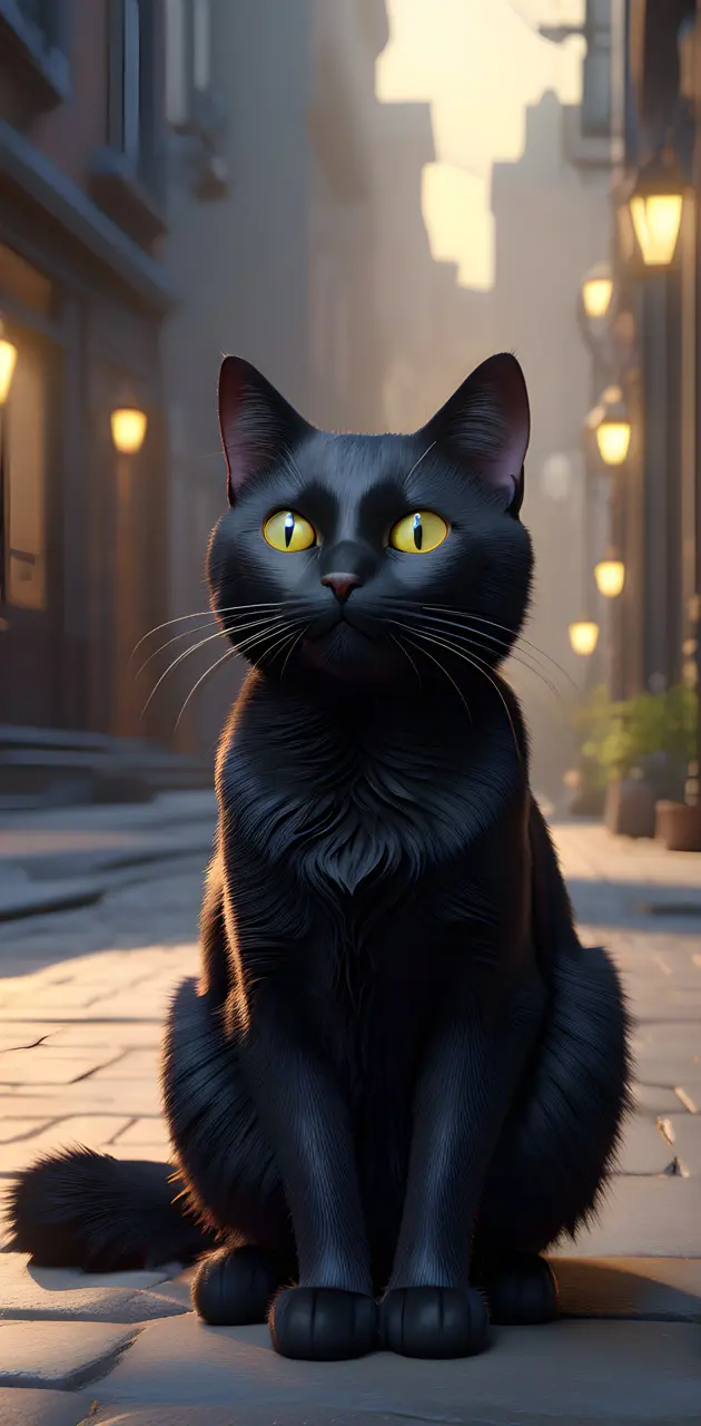 black cat on a city street