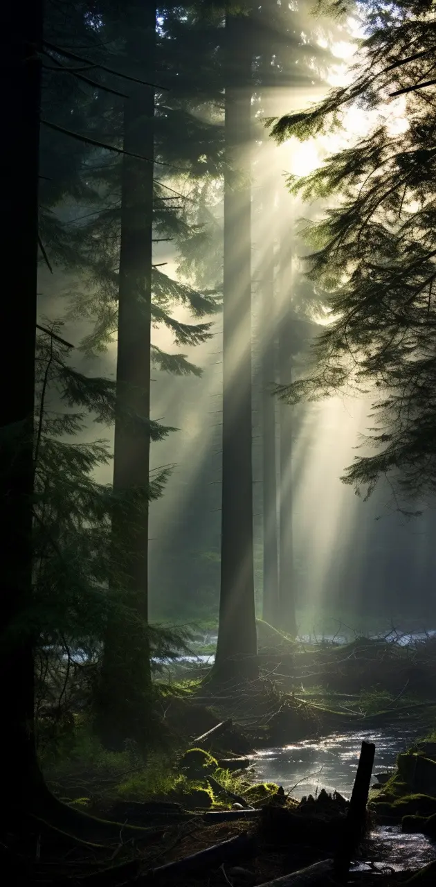Misty forest scene sun