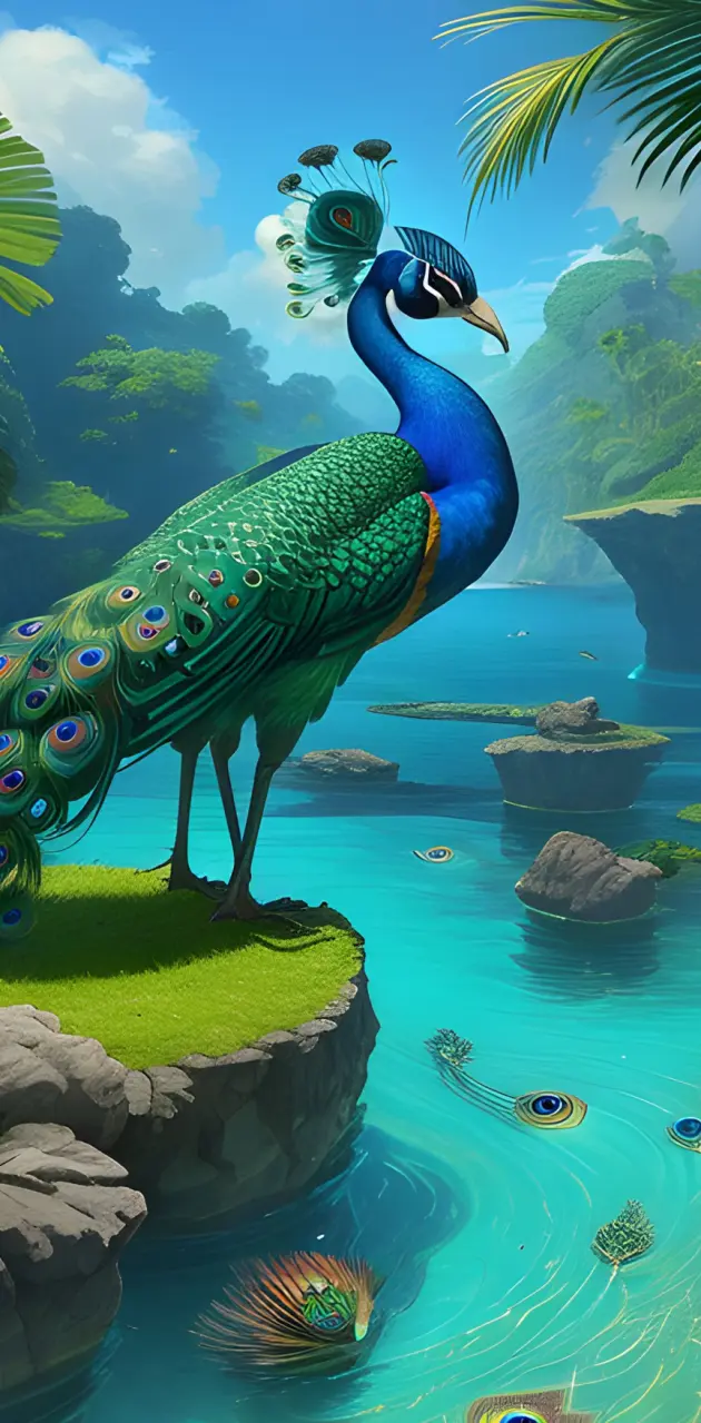 Male Peacock in lagoon