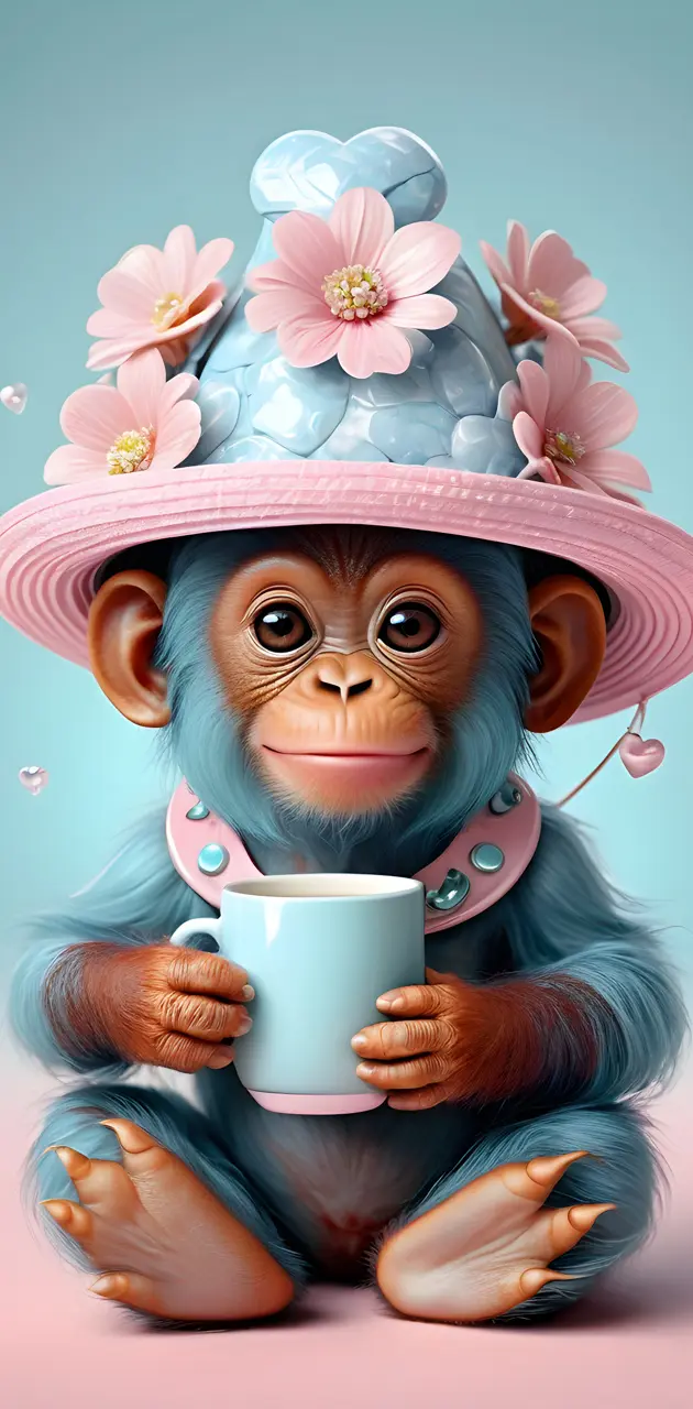 a monkey wearing a hat and holding a cup