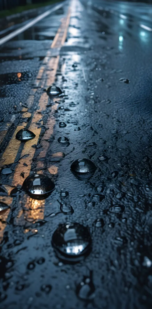 a wet street with water drops on it