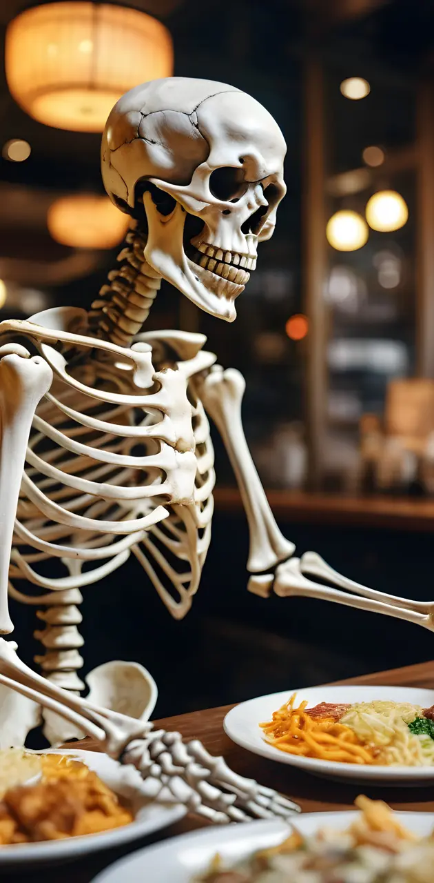 a skeleton eating food