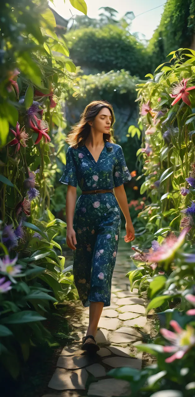 a person in a blue dress standing in a garden