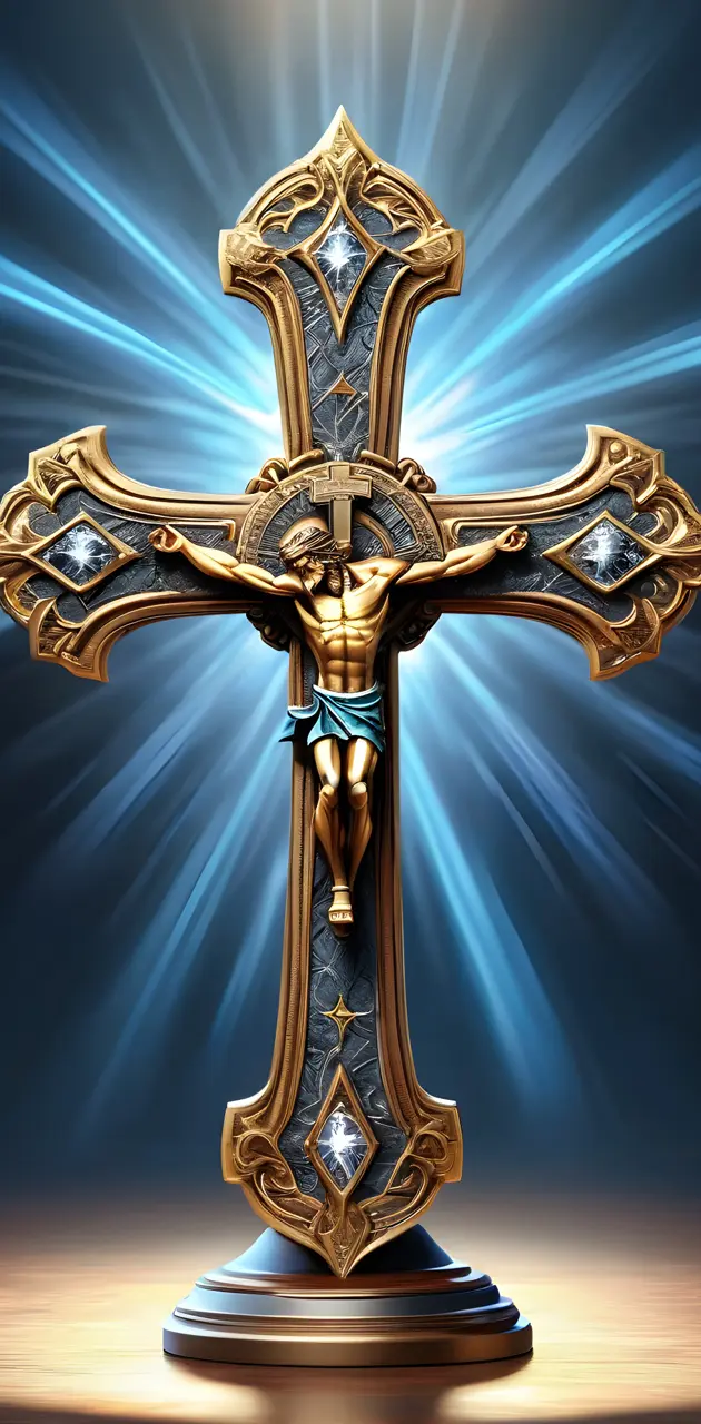 a gold and silver cross with jesus