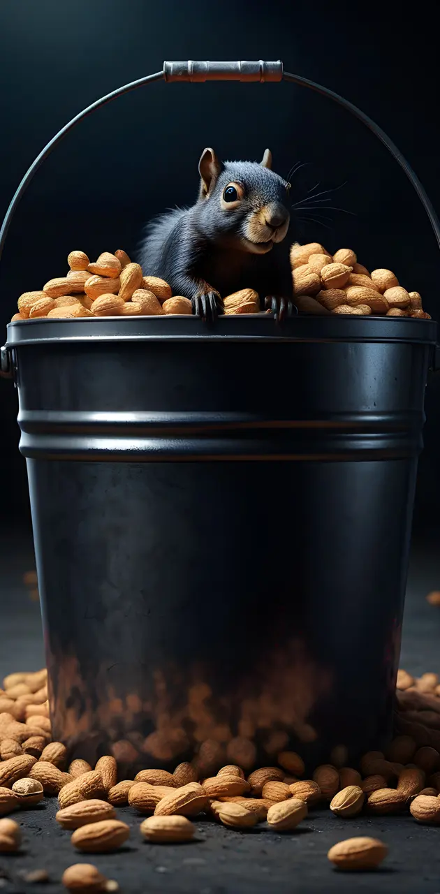 a squirrel in a bucket of nuts