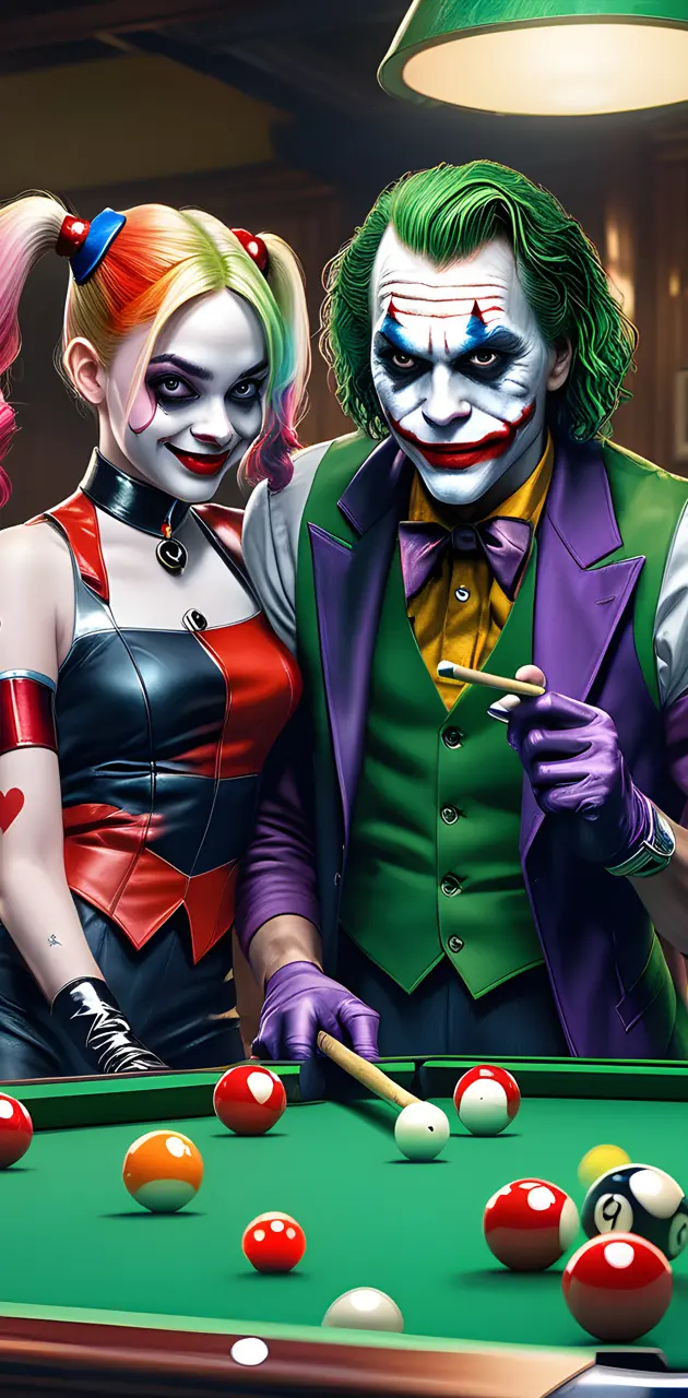 joker and Harley playing pool