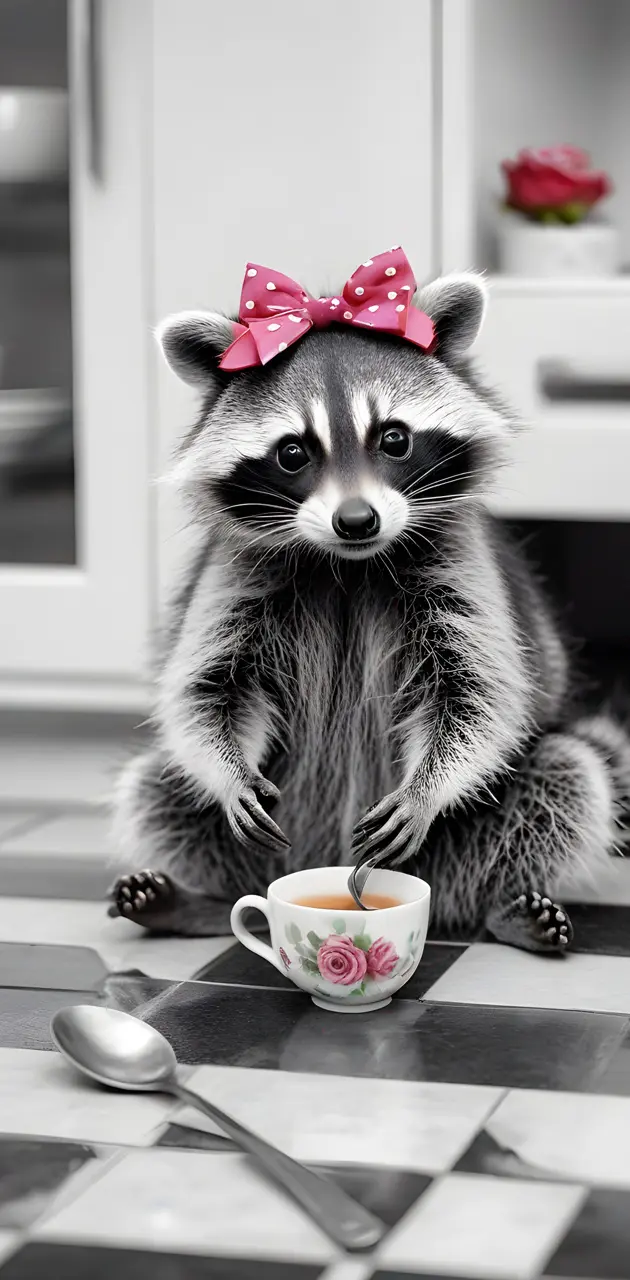 a raccoon wearing a bow tie and sitting at a table