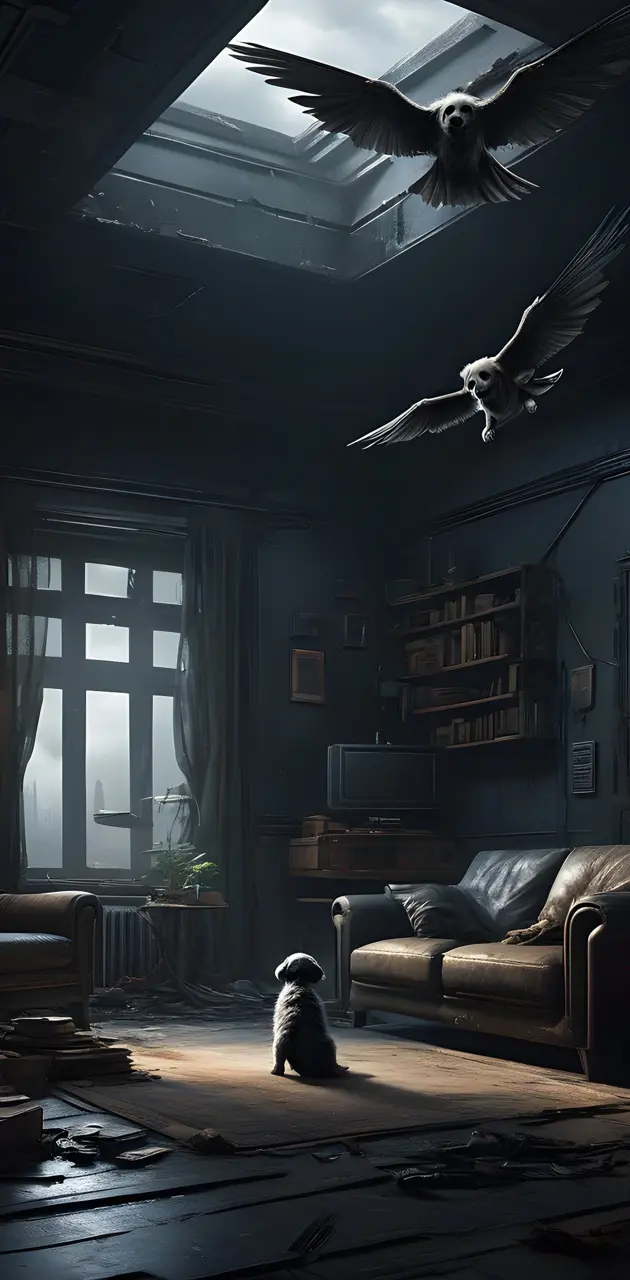 a living room with a cat and a bird flying