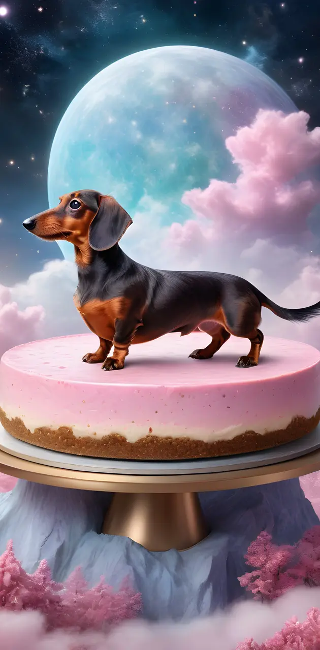 dachshund on cheesecake