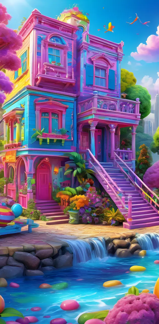 a colorful house with a pool and stairs