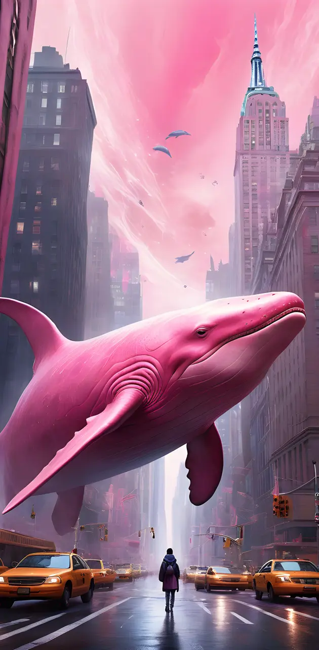 pink whale flying in new york city