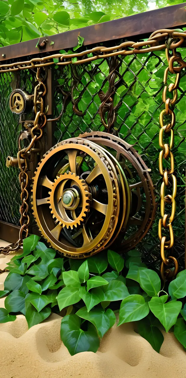 a metal gate with a chain and a wheel on it