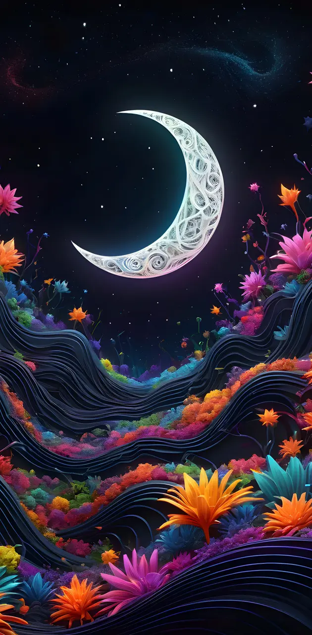 Dainty Crescent Moon & Colorful Wavy Scape