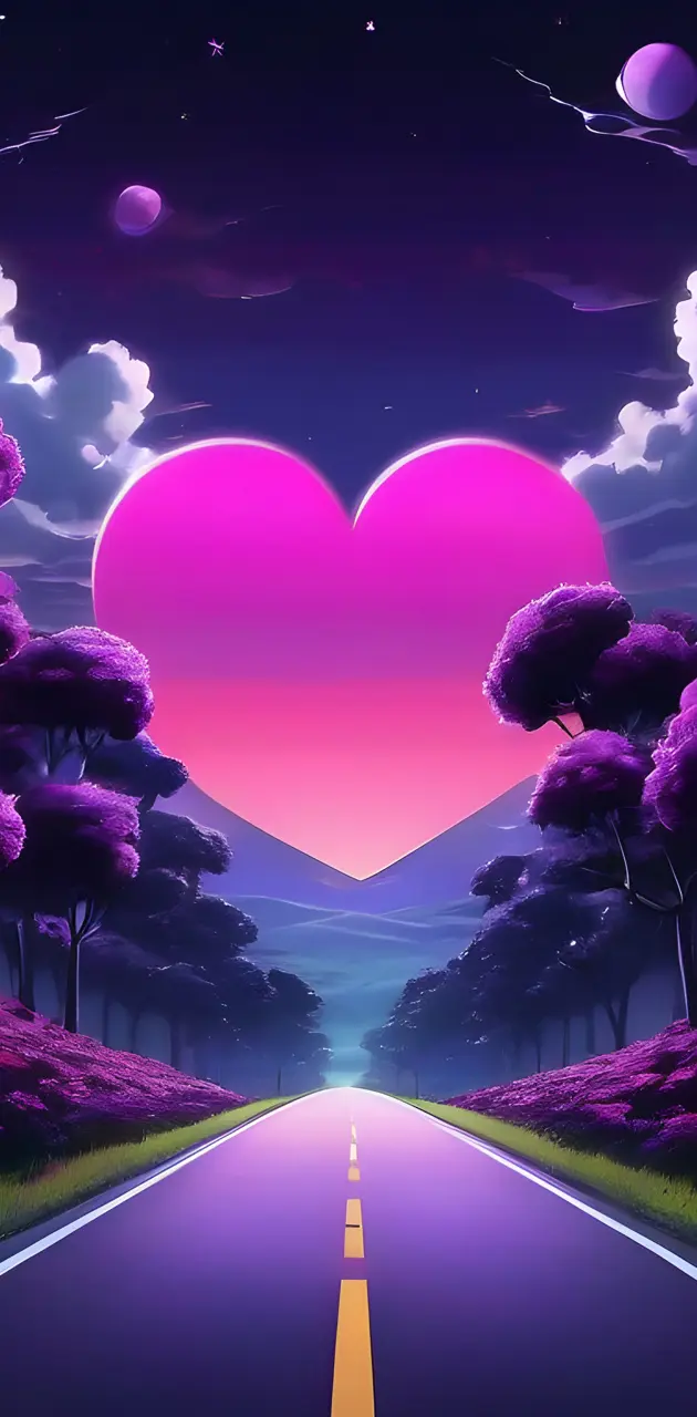a road with purple flowers on the side and a pink heart in the sky