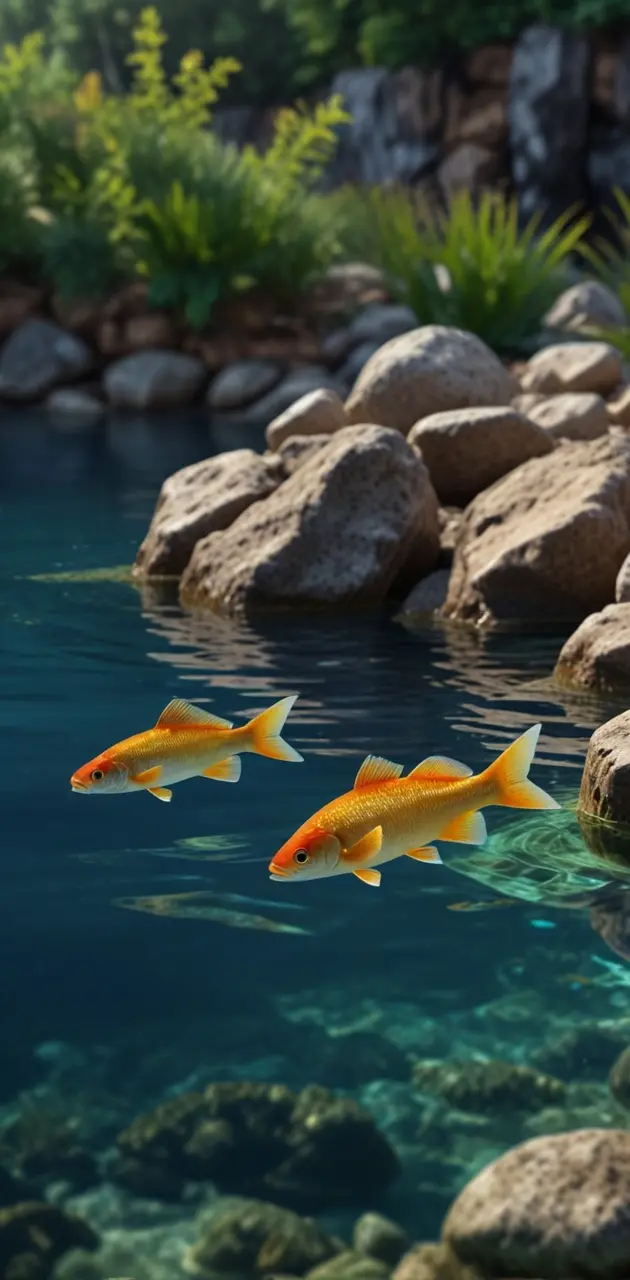 3d ultra hd acquriam with fish,stone water, realistic photo.