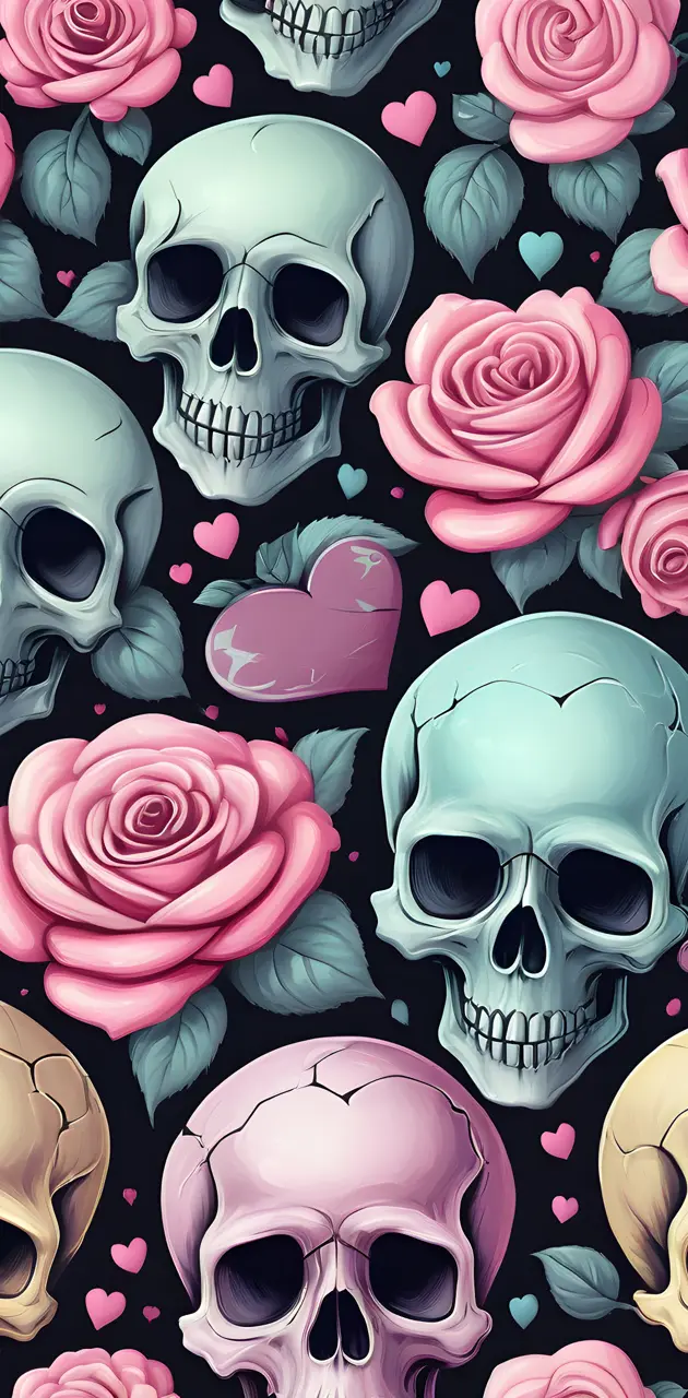 Pastel hearts, roses and skulls