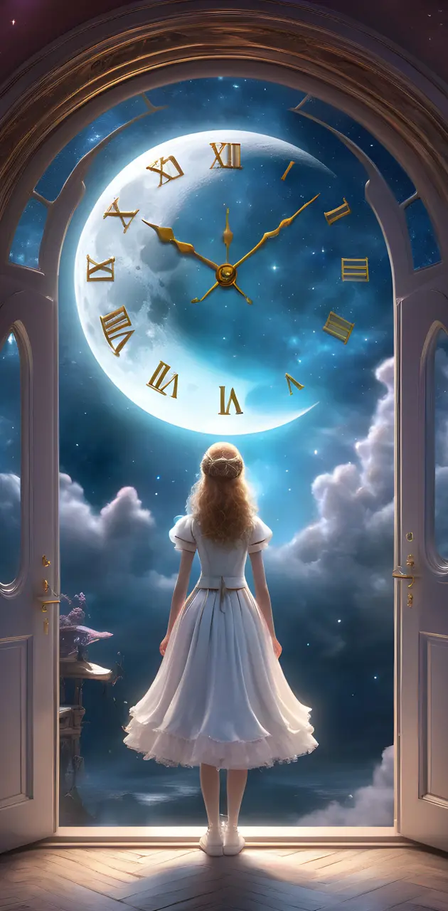 a person in a white dress standing in front of a clock