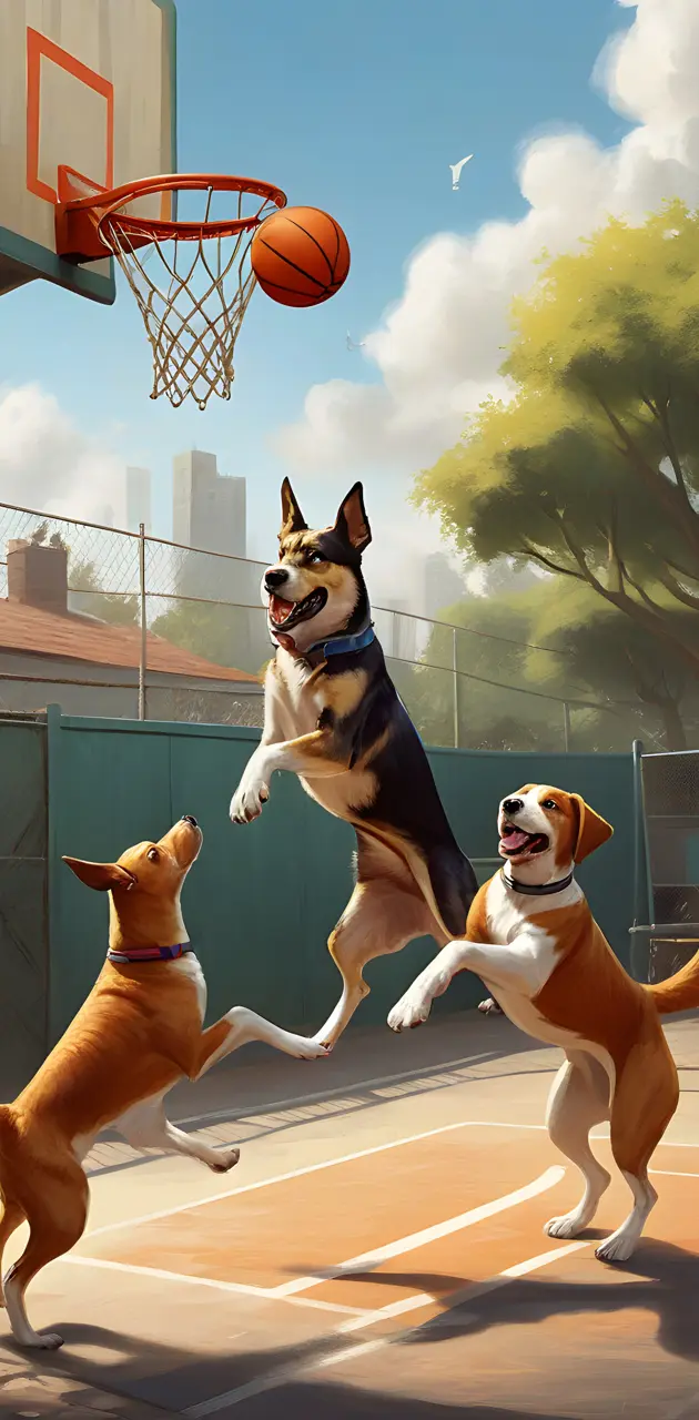dogs playing basketball