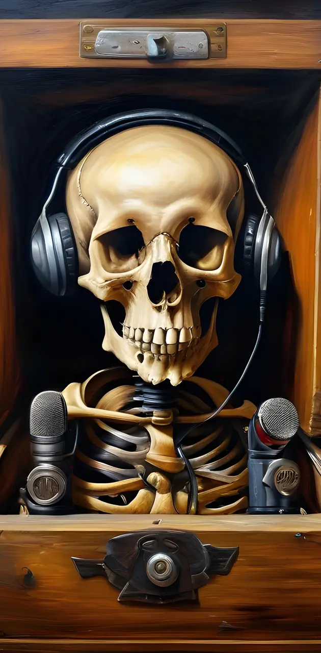 macabre skull with microphone on top of an old wooden box