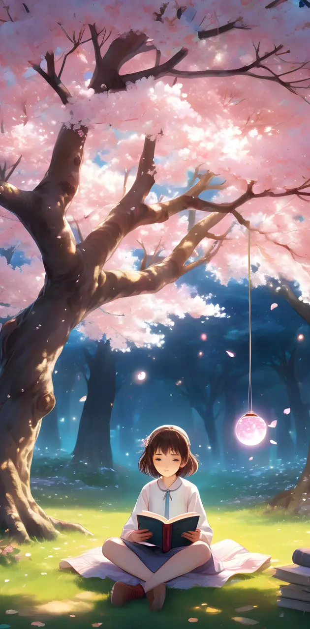 a girl sitting under a sakura tree