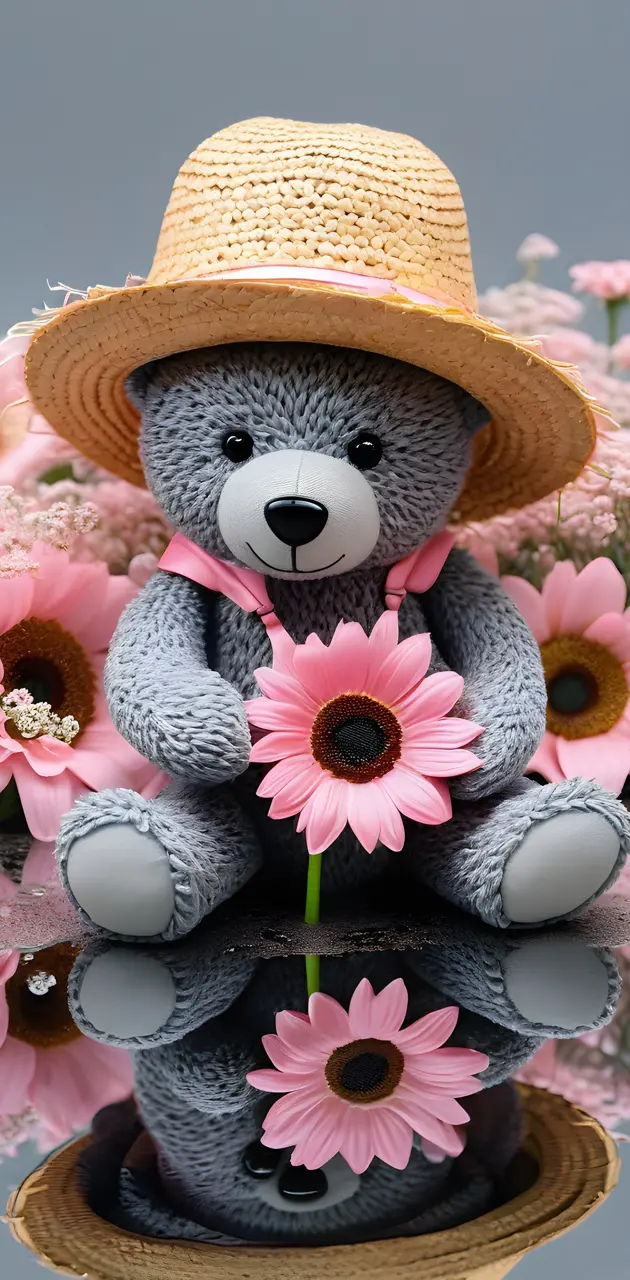 a stuffed animal in a hat holding pink flowers