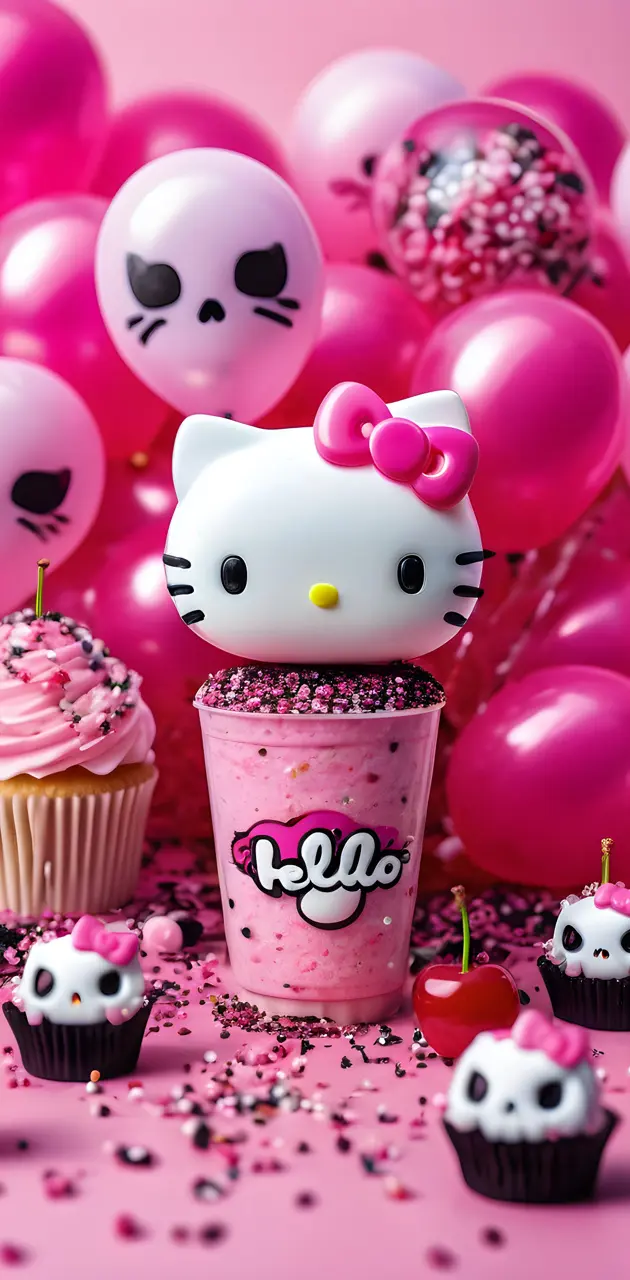 hello kitty cupcakes with pink frosting and a piggy bank