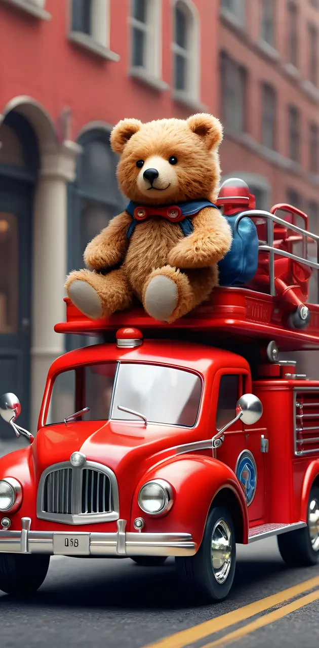 a teddy bear on a red car