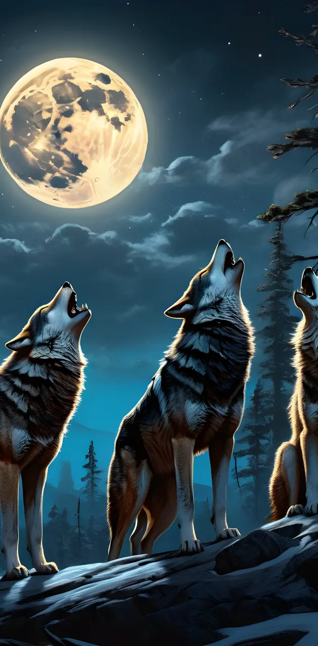 Native American Wolves howling at the moon