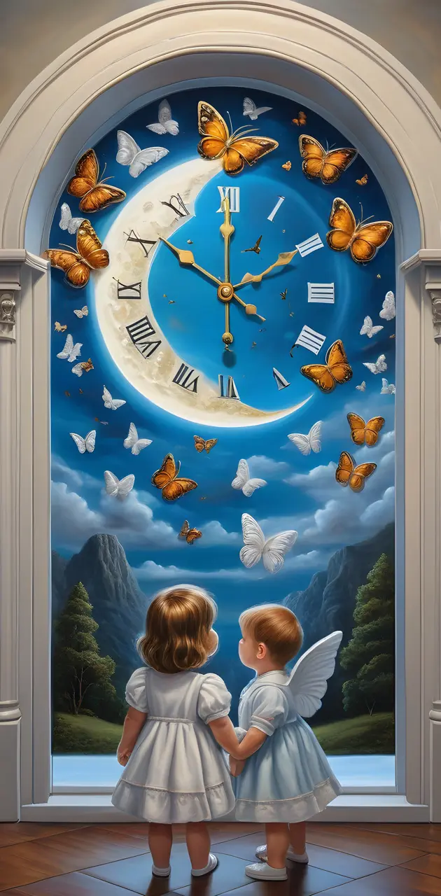 a couple of children looking at a clock