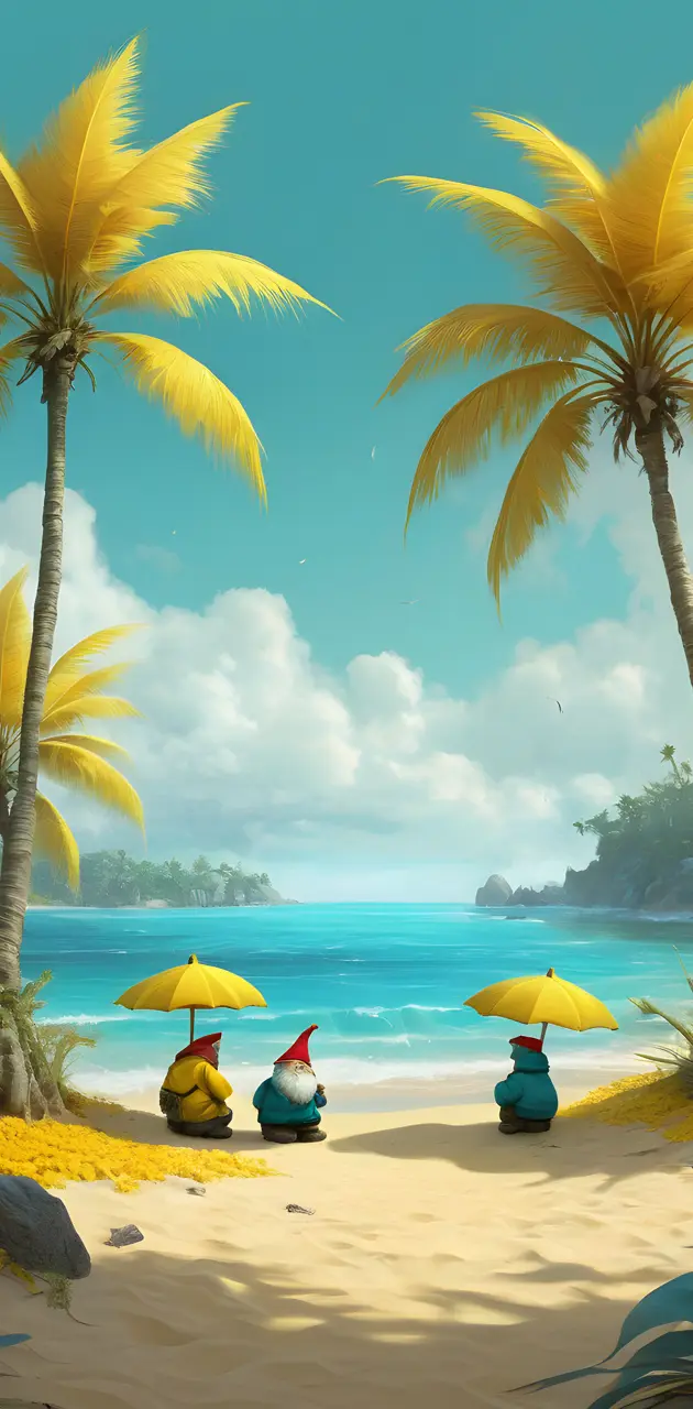 a group of knomes sitting on a beach under umbrellas