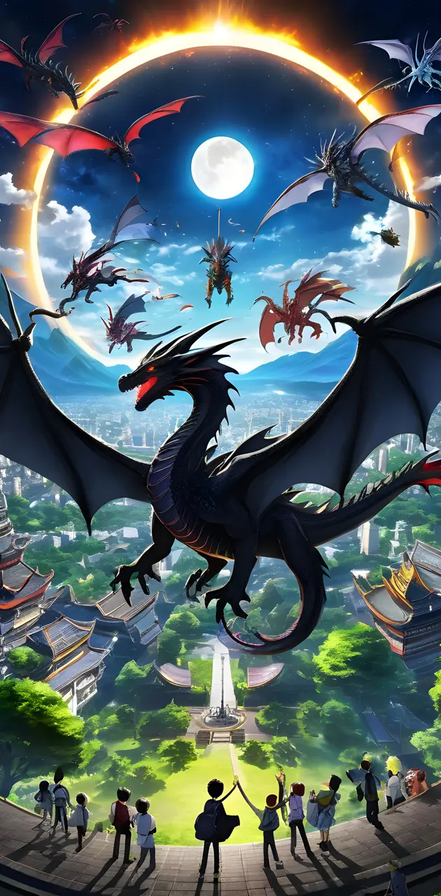 anime dragons with solar eclipse