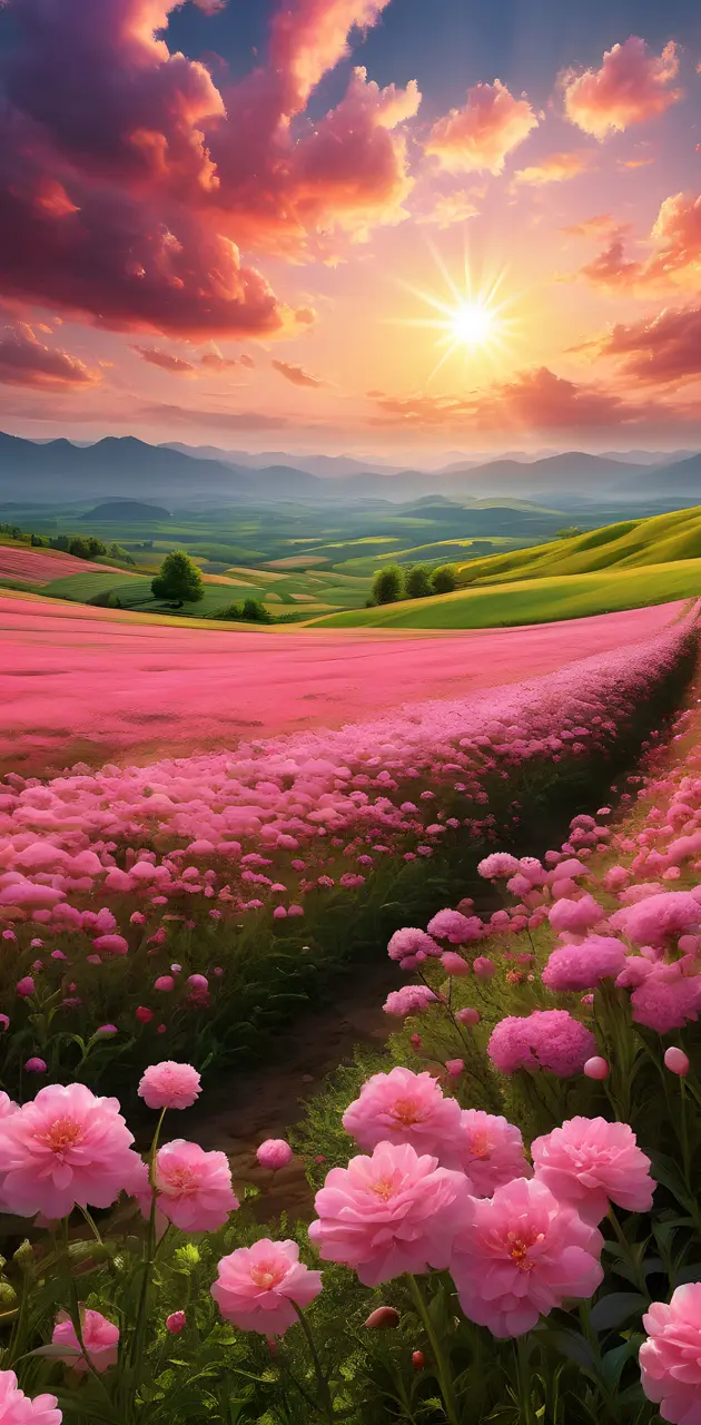 a field of flowers with a sunset in the background