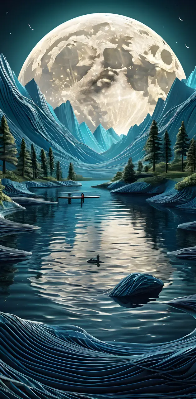 a lake with a moon and mountains