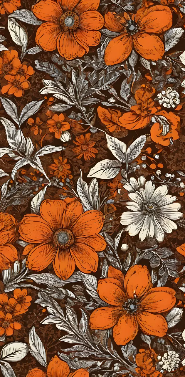orange and. rown floral retro print