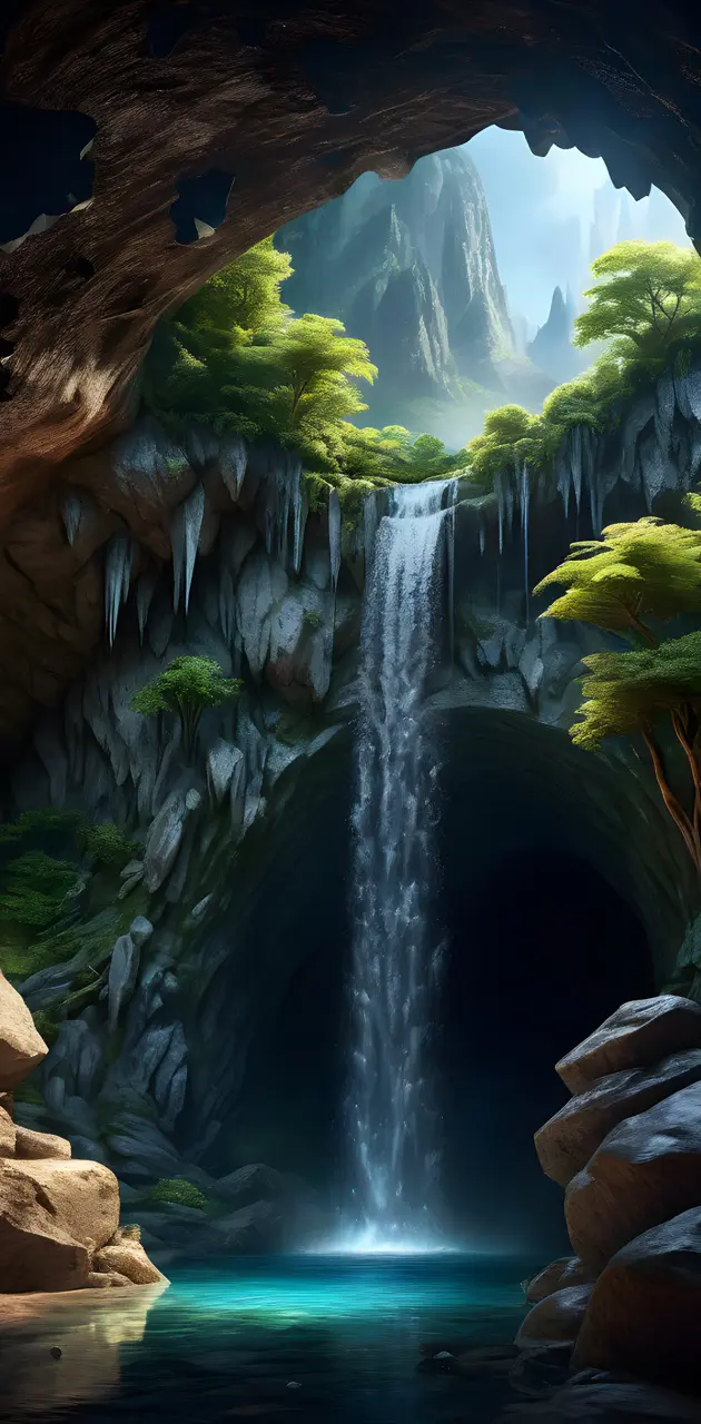 waterfall and a cave